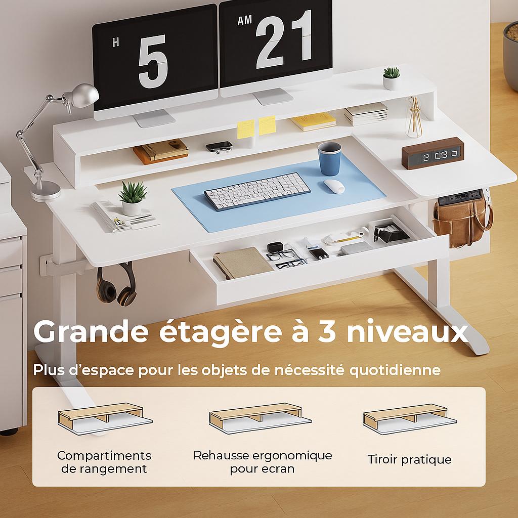 Bureau assis-debout électrique Epure avec double moteur, hauteur réglable de 60 à 125 cm, sans plateau