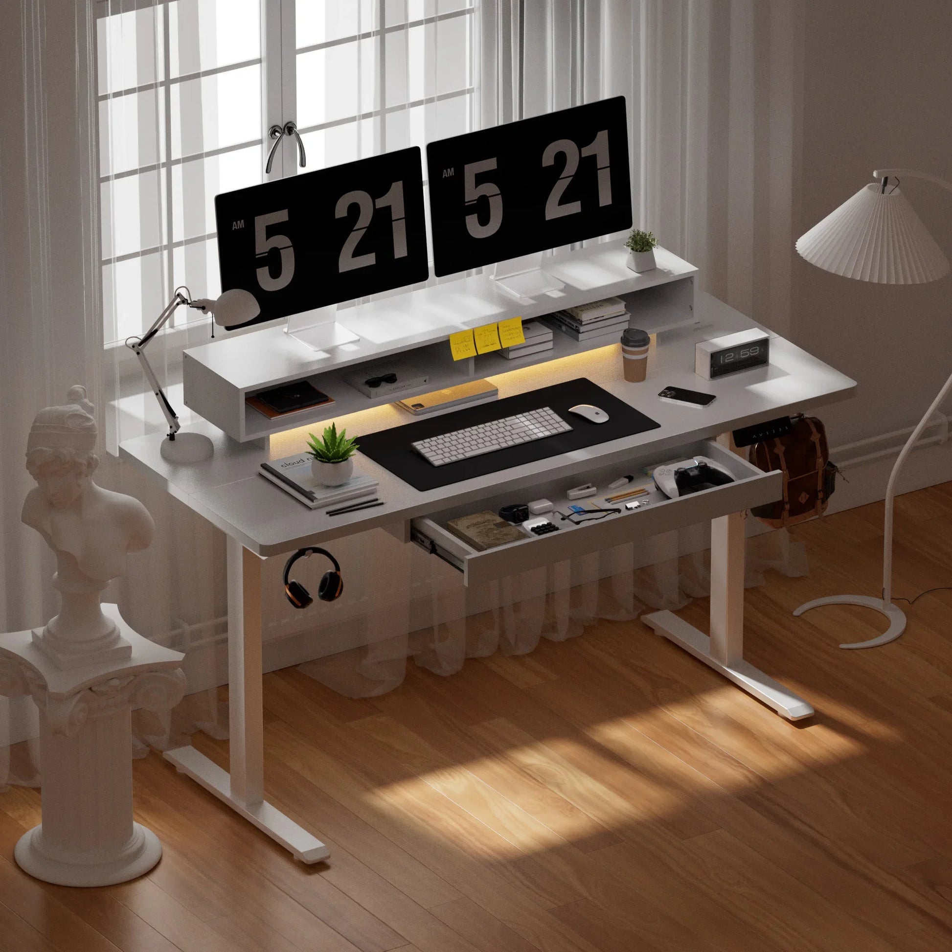 GTPLAYER Height Adjustable desk Electric 120x 60cm desk Drawers and Monitor Stand Ideal for office