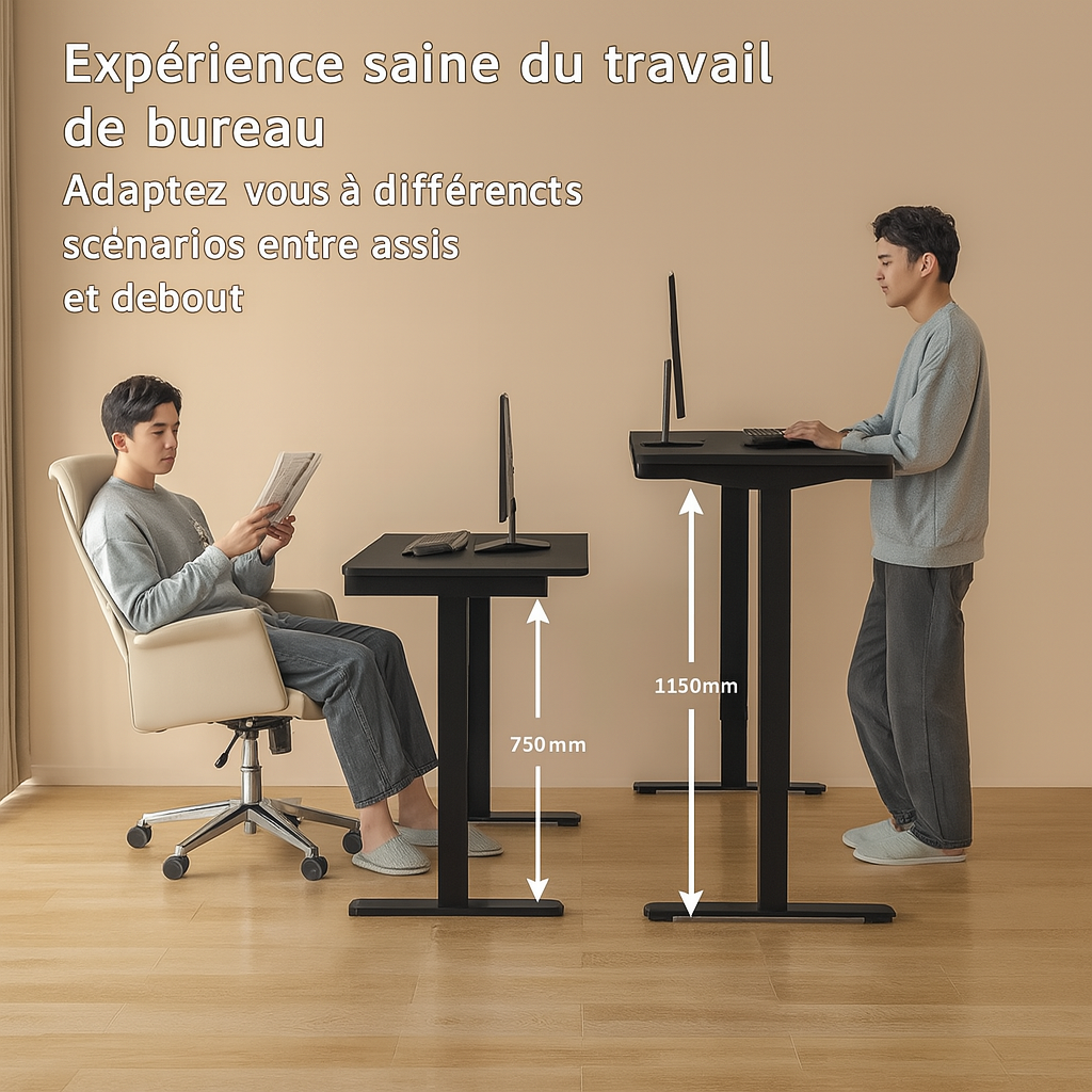 Bureau assis-debout électrique Alter avec double moteur, plateau 140×70 cm, hauteur réglable de 60 à 125 cm, charge 125 kg